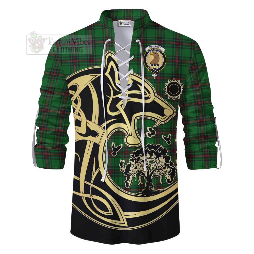 Tartan Vibes Clothing Halkett Tartan Ghillie Kilt Shirt with Family Crest Celtic Wolf Style