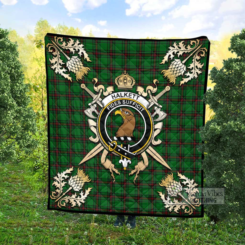 Tartan Vibes Clothing Halkett Tartan Quilt with Family Crest and Scottish Golden Courage Shield