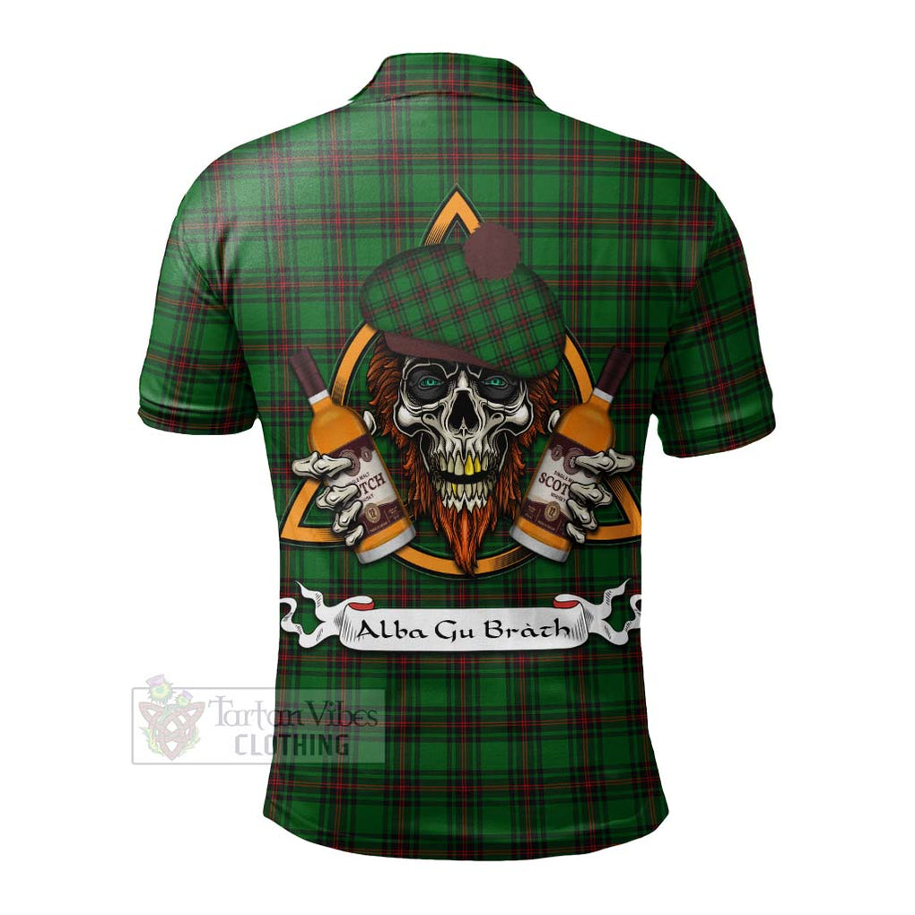 Tartan Vibes Clothing Halkett Tartan Polo Shirt with Family Crest and Bearded Skull Holding Bottles of Whiskey