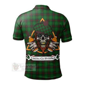 Halkett Tartan Polo Shirt with Family Crest and Bearded Skull Holding Bottles of Whiskey