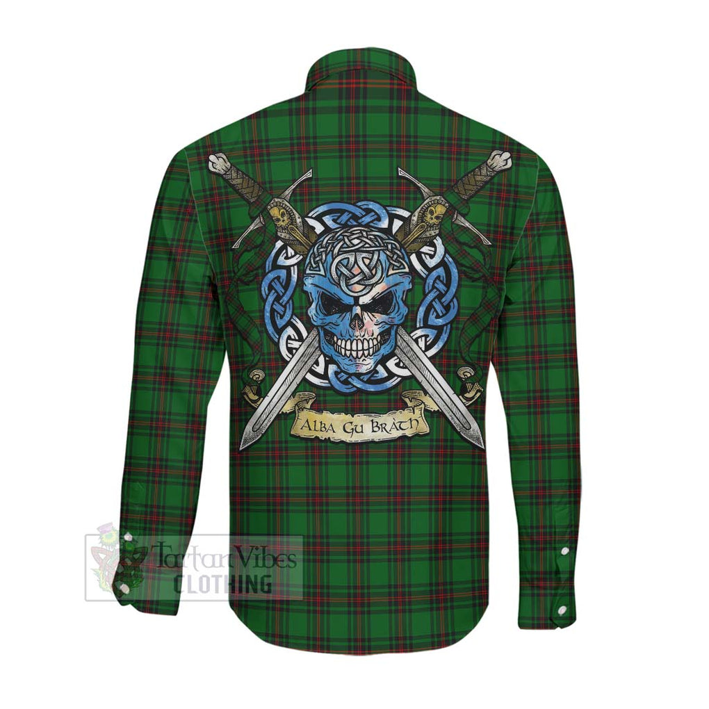 Tartan Vibes Clothing Halkett Tartan Long Sleeve Button Shirt with Family Crest Celtic Skull Style