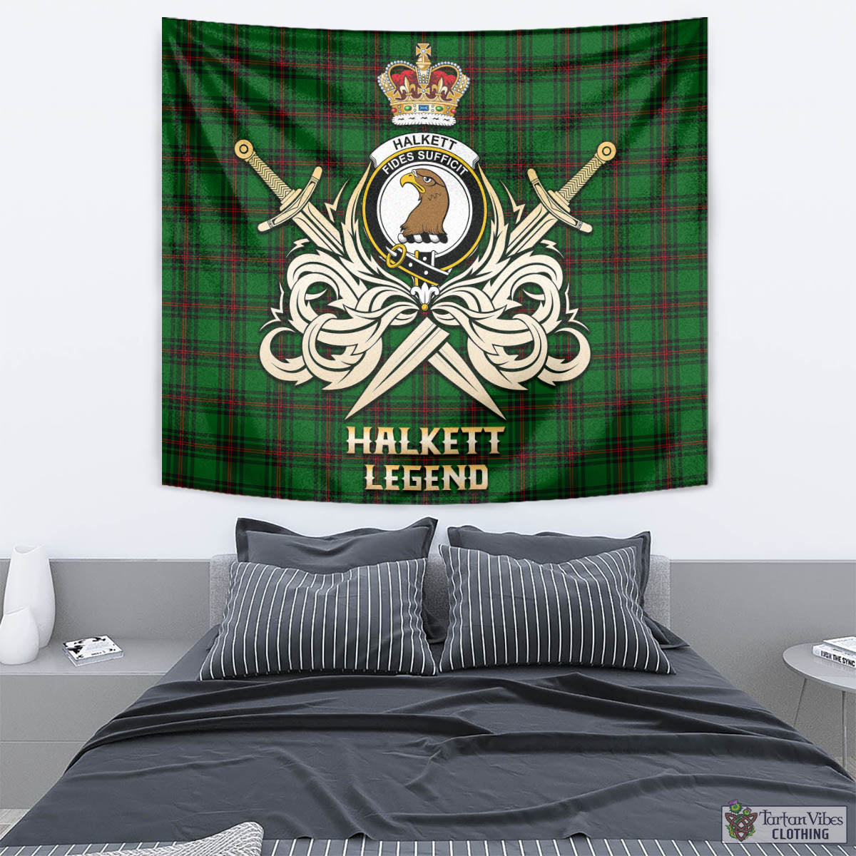 Tartan Vibes Clothing Halkett Tartan Tapestry with Clan Crest and the Golden Sword of Courageous Legacy