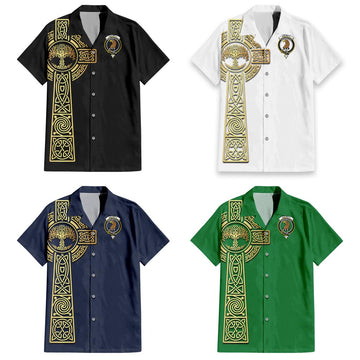 Halkett Clan Mens Short Sleeve Button Up Shirt with Golden Celtic Tree Of Life