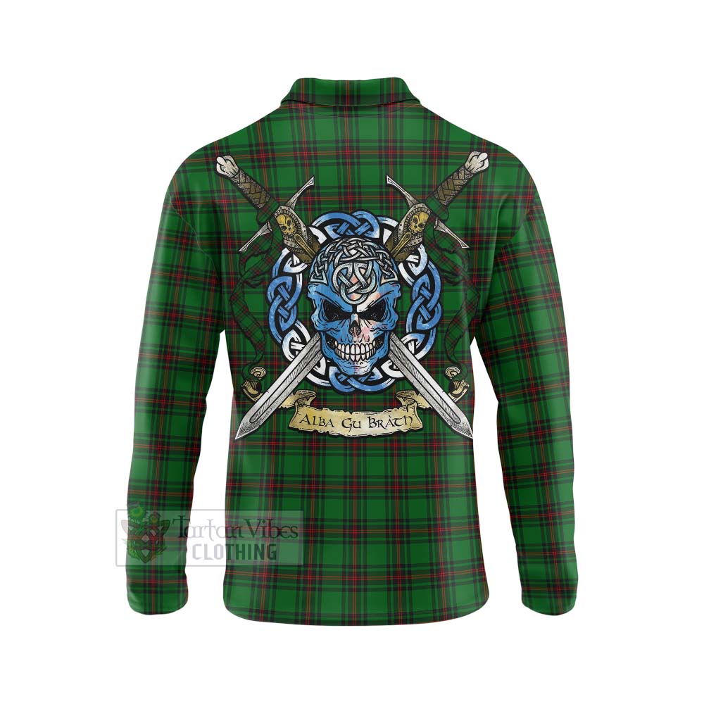 Tartan Vibes Clothing Halkett Tartan Long Sleeve Polo Shirt with Family Crest Celtic Skull Style