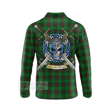 Halkett Tartan Long Sleeve Polo Shirt with Family Crest Celtic Skull Style