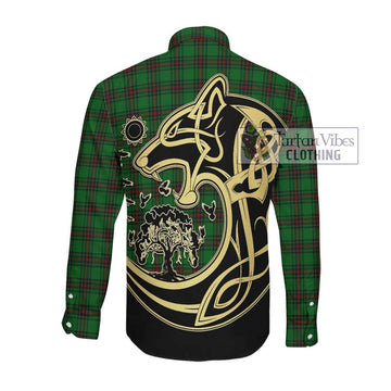 Halkett Tartan Long Sleeve Button Shirt with Family Crest Celtic Wolf Style