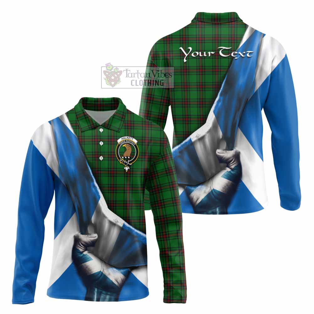 Tartan Vibes Clothing Halkett Tartan Long Sleeve Polo Shirt with Family Crest Scotland Patriotic Style