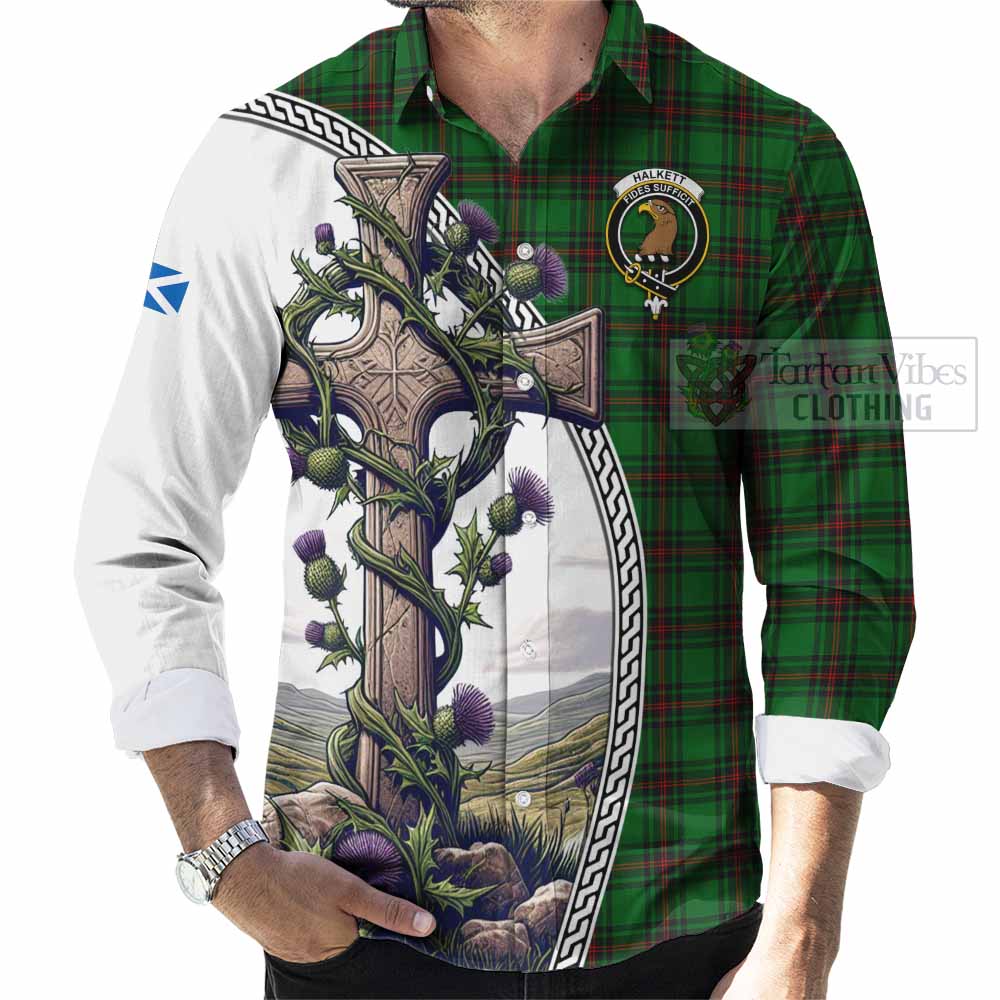 Tartan Vibes Clothing Halkett Tartan Long Sleeve Button Shirt with Family Crest and St. Andrew's Cross Accented by Thistle Vines