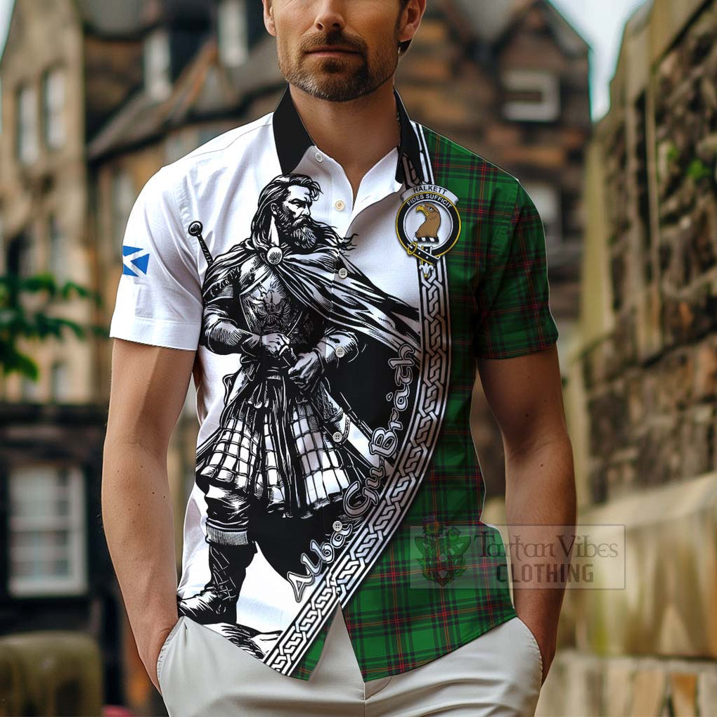 Tartan Vibes Clothing Halkett Tartan Clan Crest Short Sleeve Button Shirt with Highlander Warrior Celtic Style