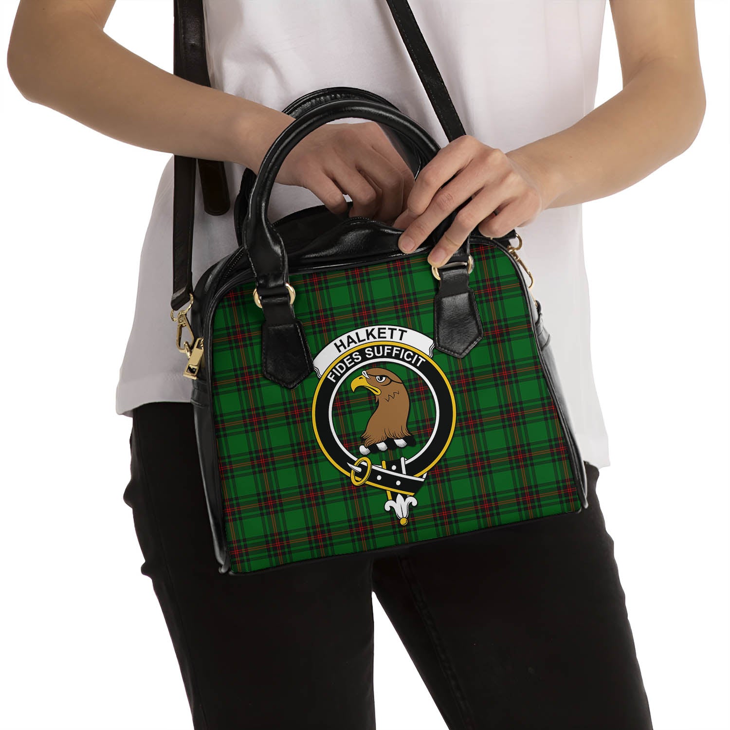 Halkett Tartan Shoulder Handbags with Family Crest - Tartanvibesclothing