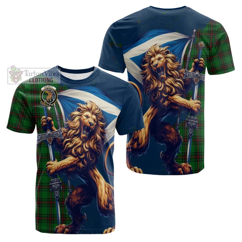 Tartan Vibes Clothing Halkett Tartan Family Crest Cotton T-shirt with Scottish Majestic Lion