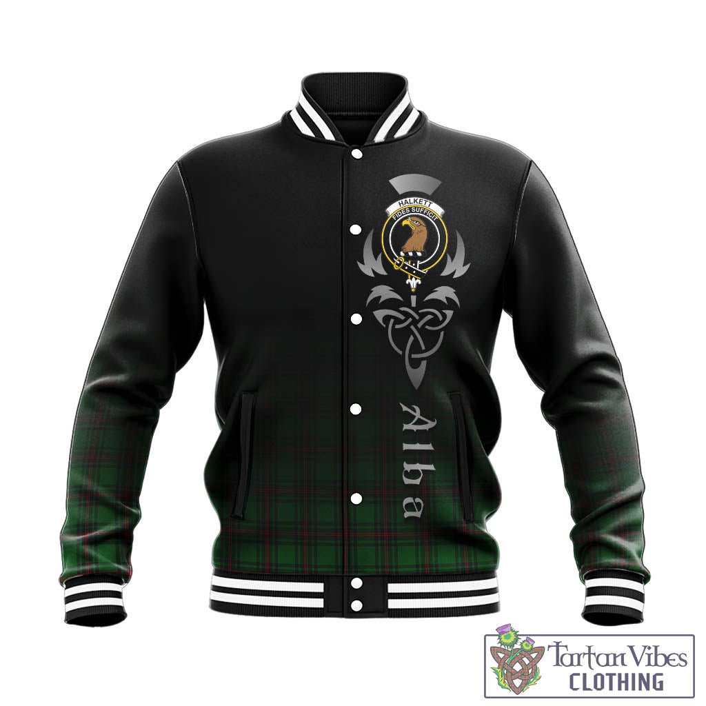 Tartan Vibes Clothing Halkett Tartan Baseball Jacket Featuring Alba Gu Brath Family Crest Celtic Inspired