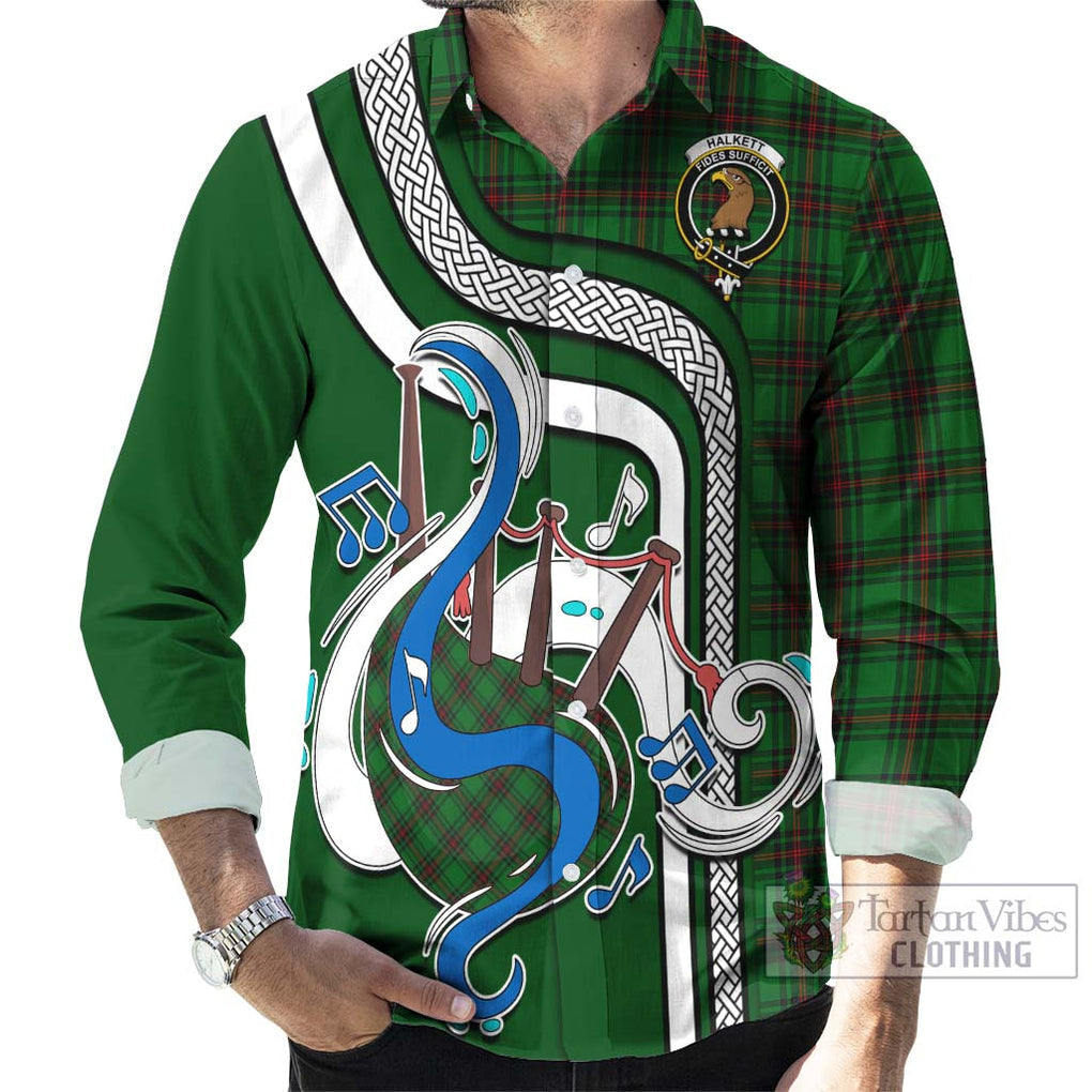 Halkett Tartan Long Sleeve Button Shirt with Epic Bagpipe Style - Tartanvibesclothing Shop