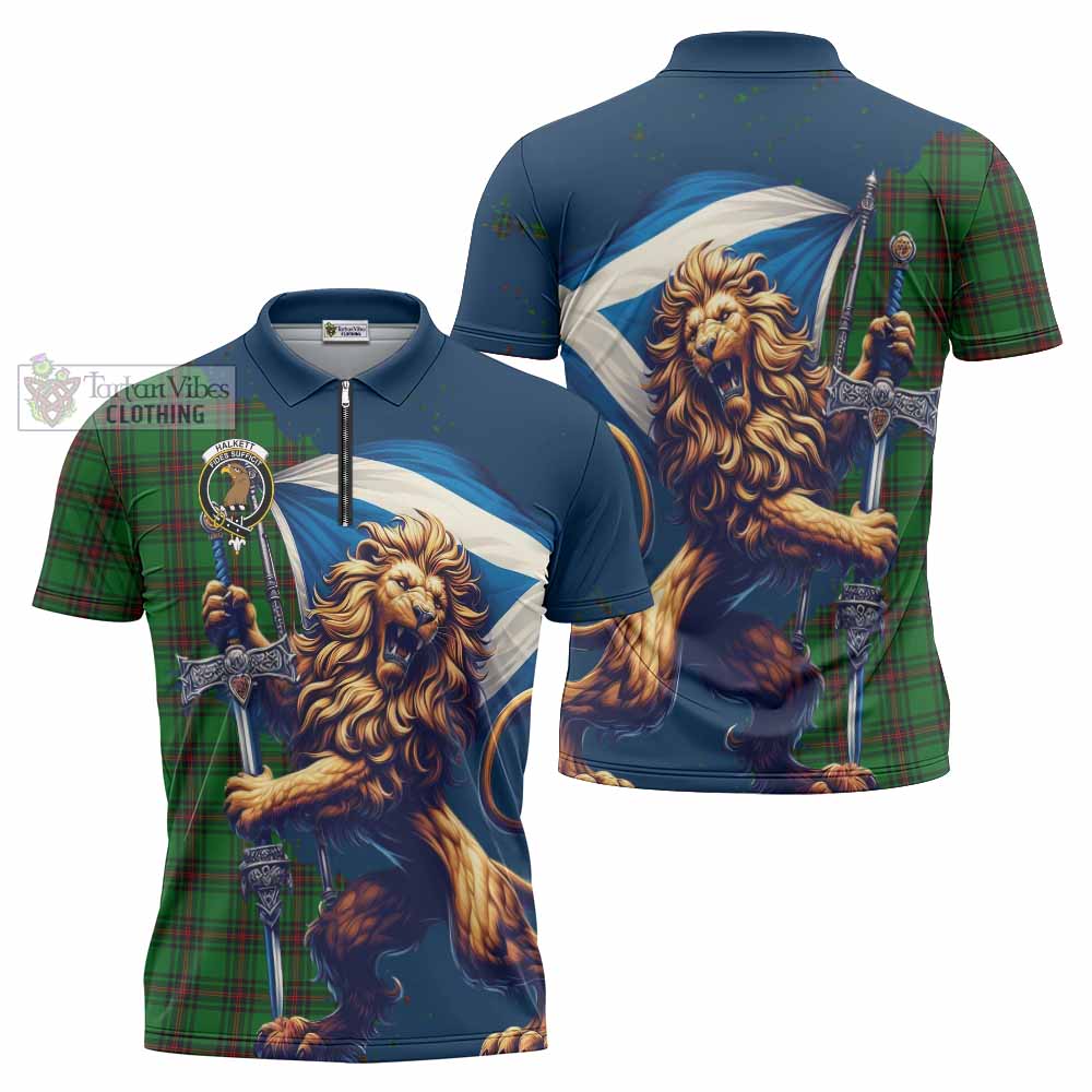 Tartan Vibes Clothing Halkett Tartan Family Crest Zipper Polo Shirt with Scottish Majestic Lion