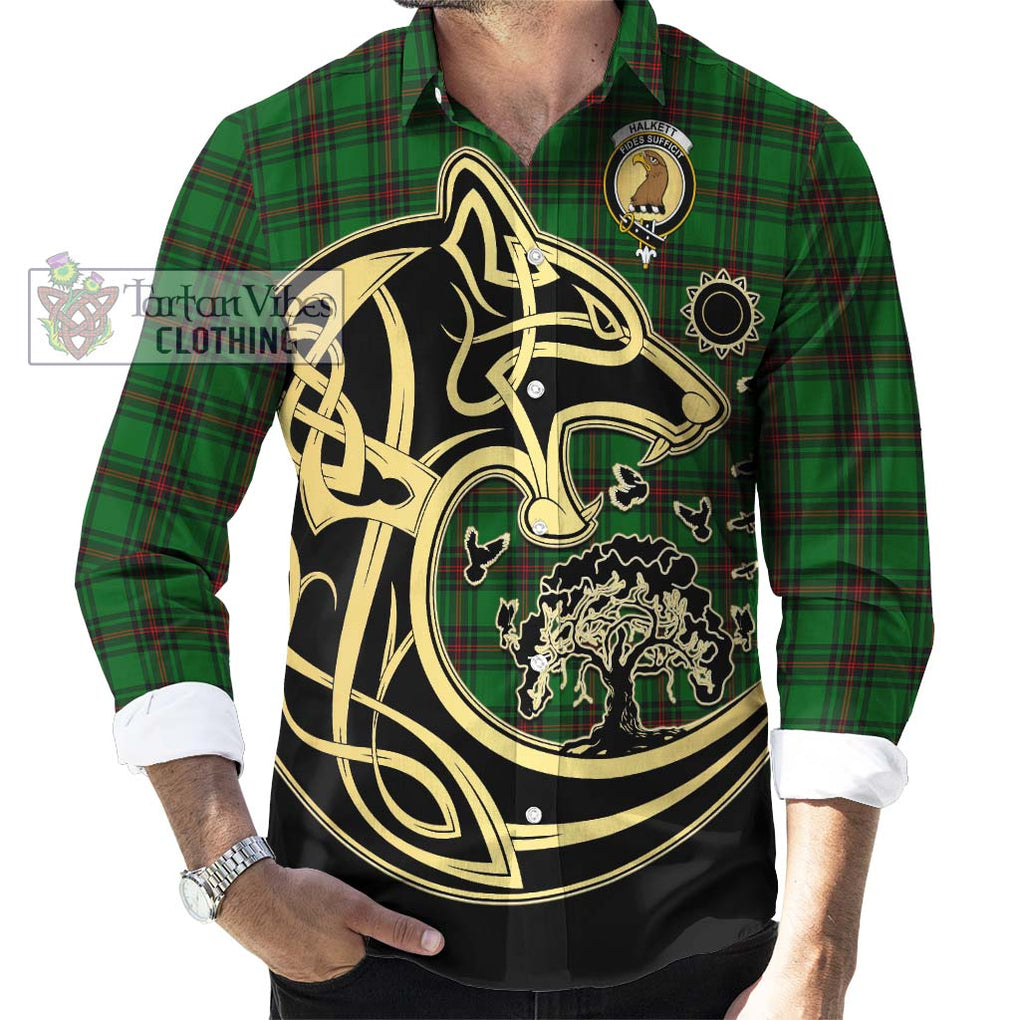 Halkett Tartan Long Sleeve Button Shirt with Family Crest Celtic Wolf Style - Tartan Vibes Clothing