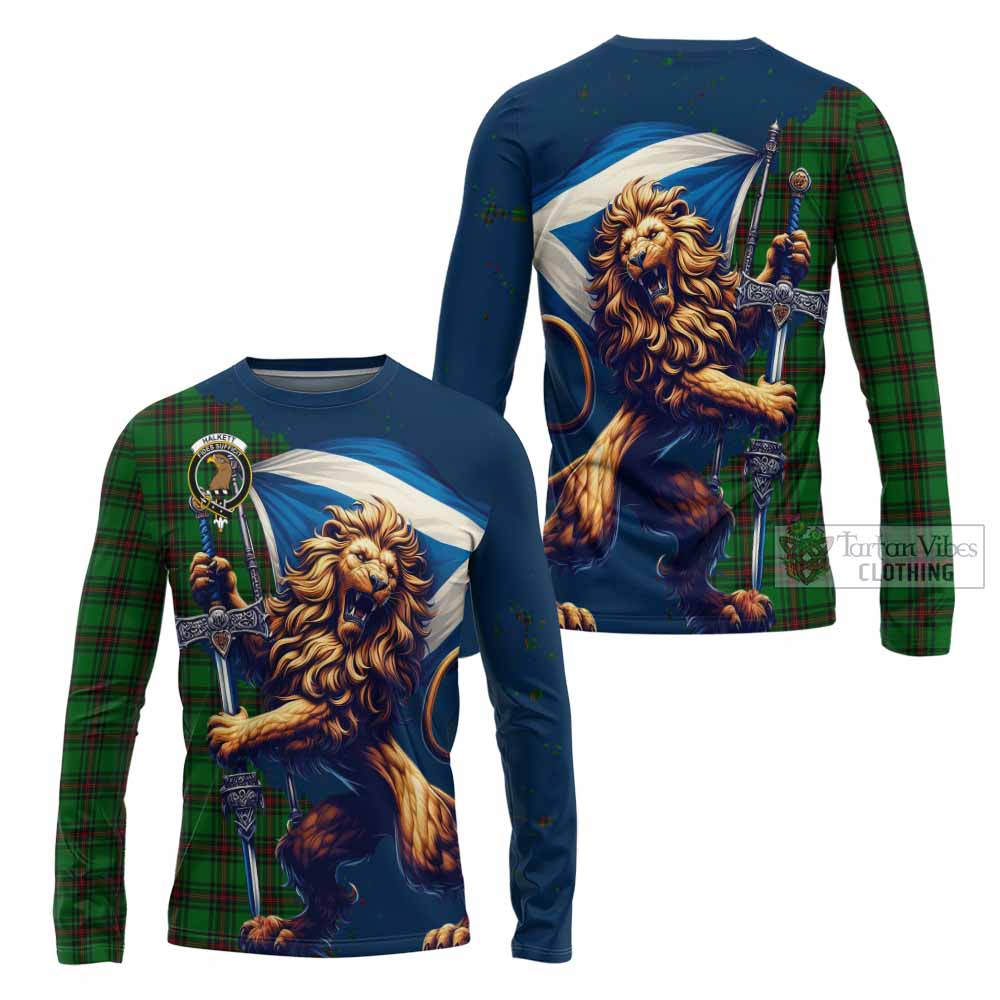 Tartan Vibes Clothing Halkett Tartan Family Crest Long Sleeve T-Shirt with Scottish Majestic Lion