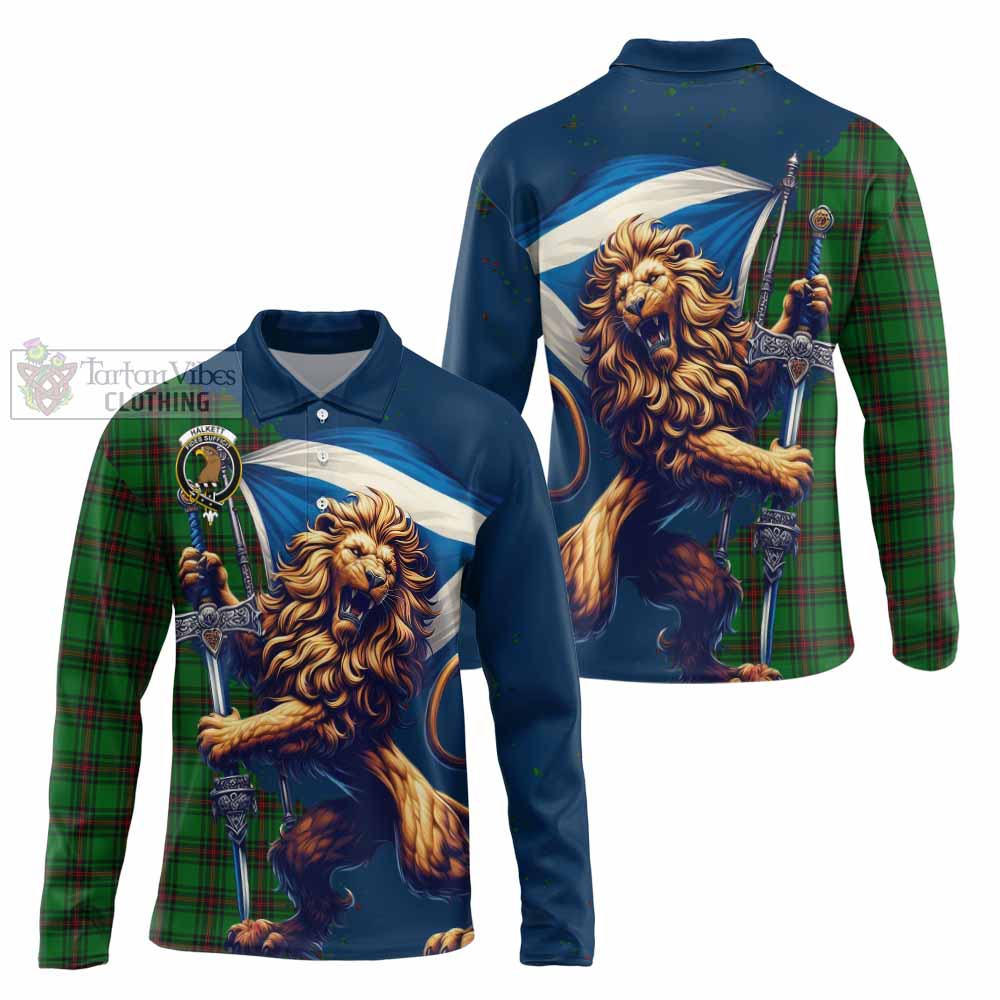 Tartan Vibes Clothing Halkett Tartan Family Crest Long Sleeve Polo Shirt with Scottish Majestic Lion