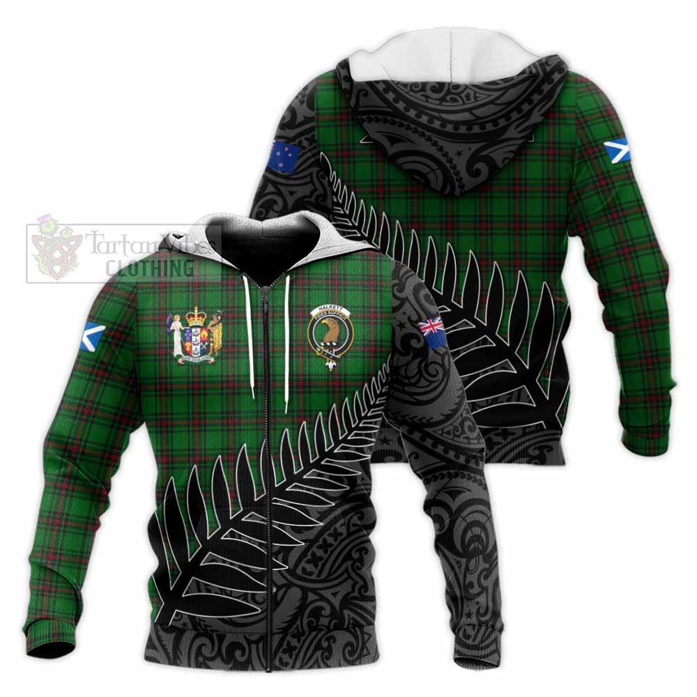 Tartan Vibes Clothing Halkett Crest Tartan Knitted Hoodie with New Zealand Silver Fern Half Style