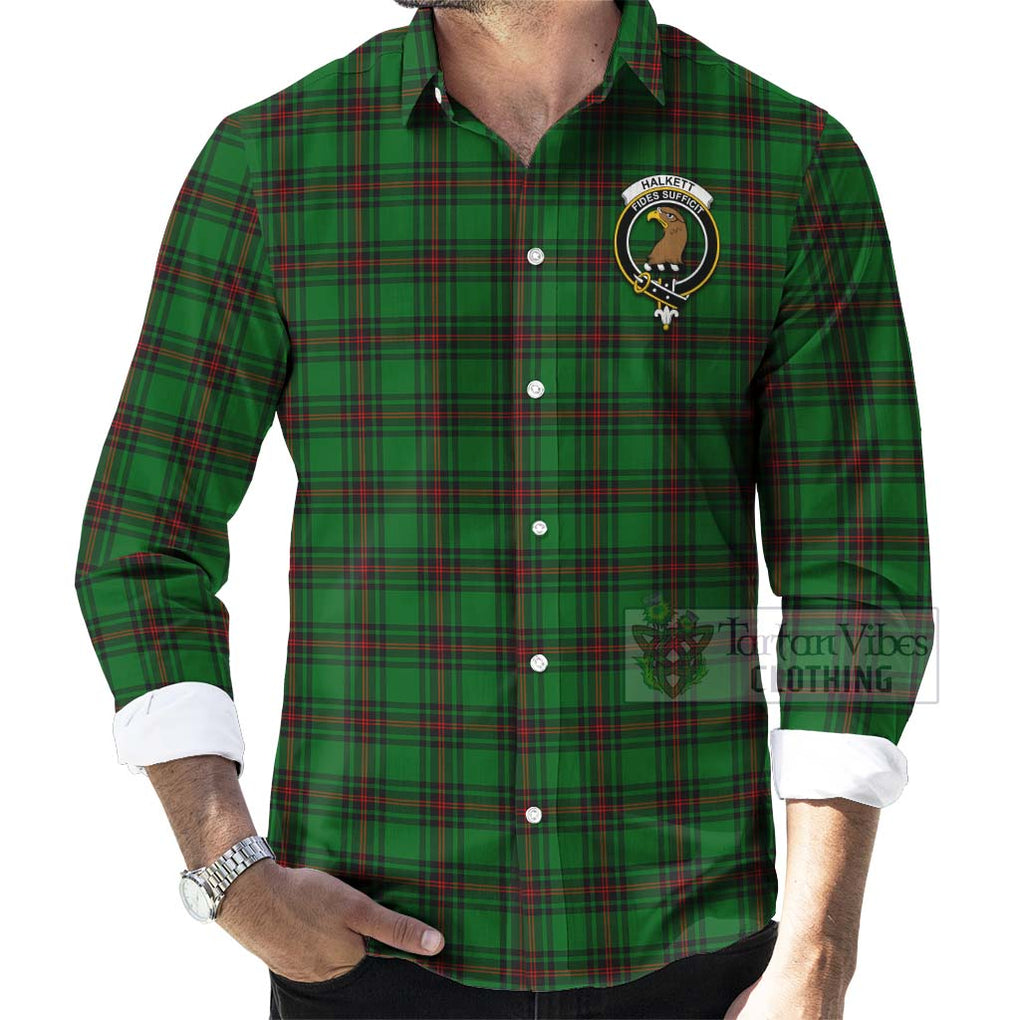 Tartan Vibes Clothing Halkett Tartan Long Sleeve Button Shirt with Family Crest Celtic Skull Style