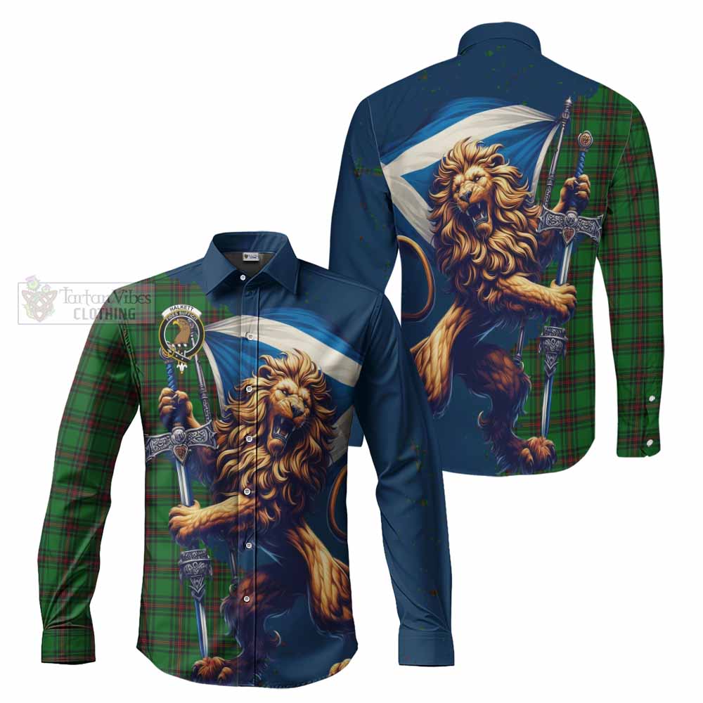 Tartan Vibes Clothing Halkett Tartan Family Crest Long Sleeve Button Shirt with Scottish Majestic Lion