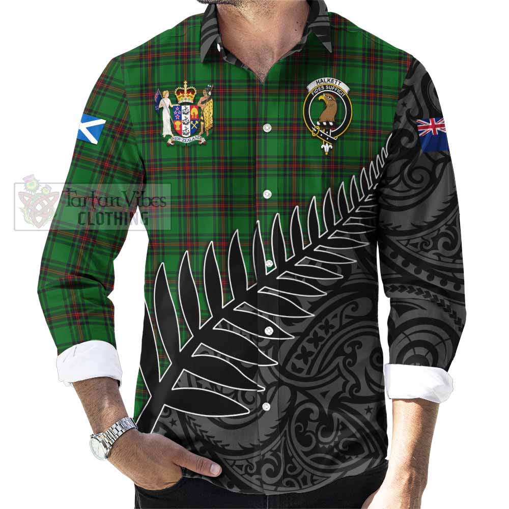 Tartan Vibes Clothing Halkett Crest Tartan Long Sleeve Button Shirt with New Zealand Silver Fern Half Style