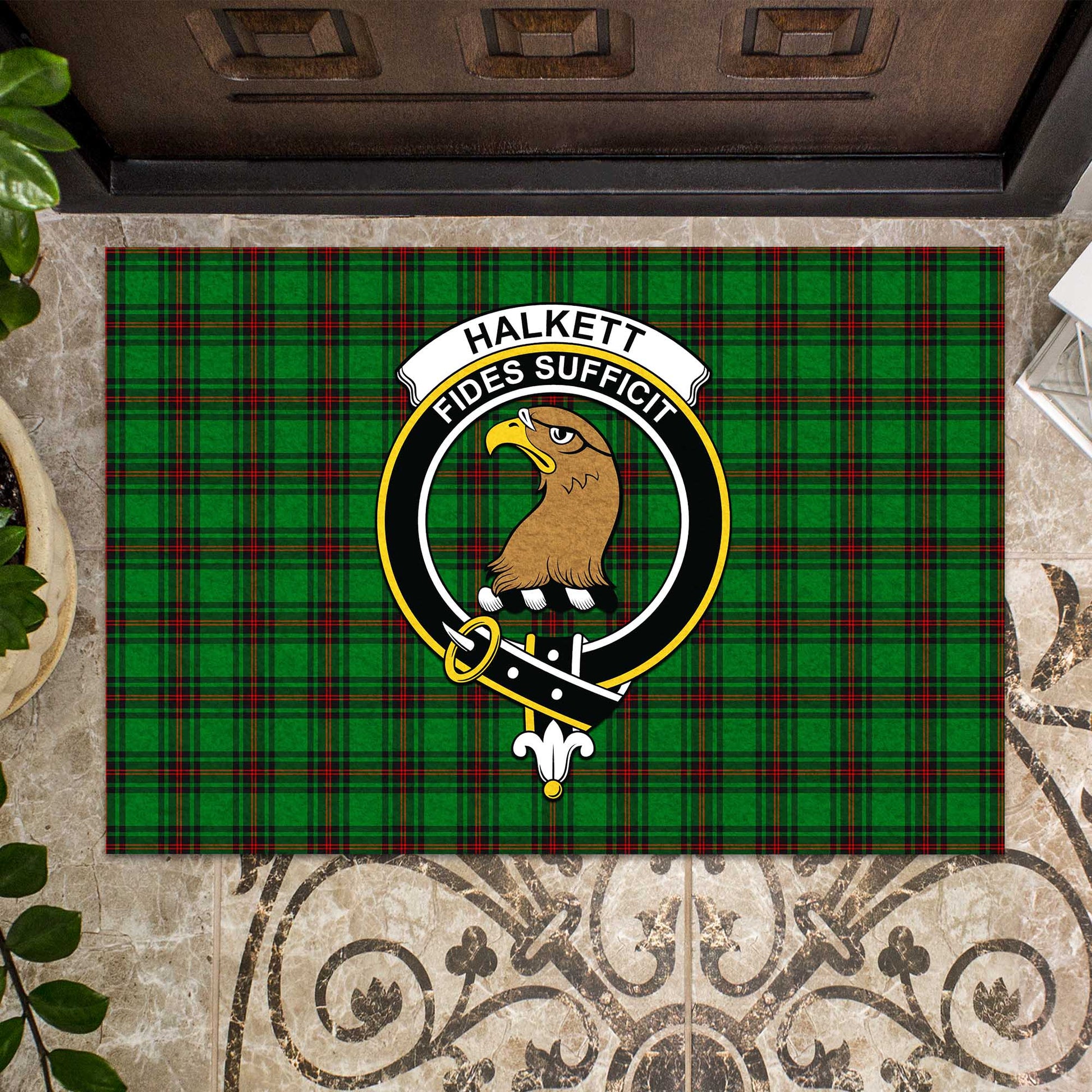 Halkett Tartan Door Mat with Family Crest - Tartanvibesclothing