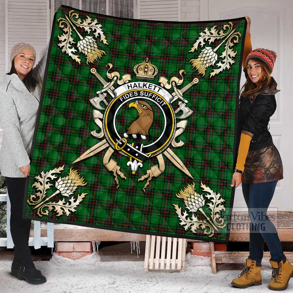 Tartan Vibes Clothing Halkett Tartan Quilt with Family Crest and Scottish Golden Courage Shield