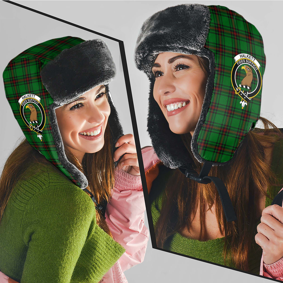 Halkett Tartan Winter Trapper Hat with Family Crest - Tartan Vibes Clothing