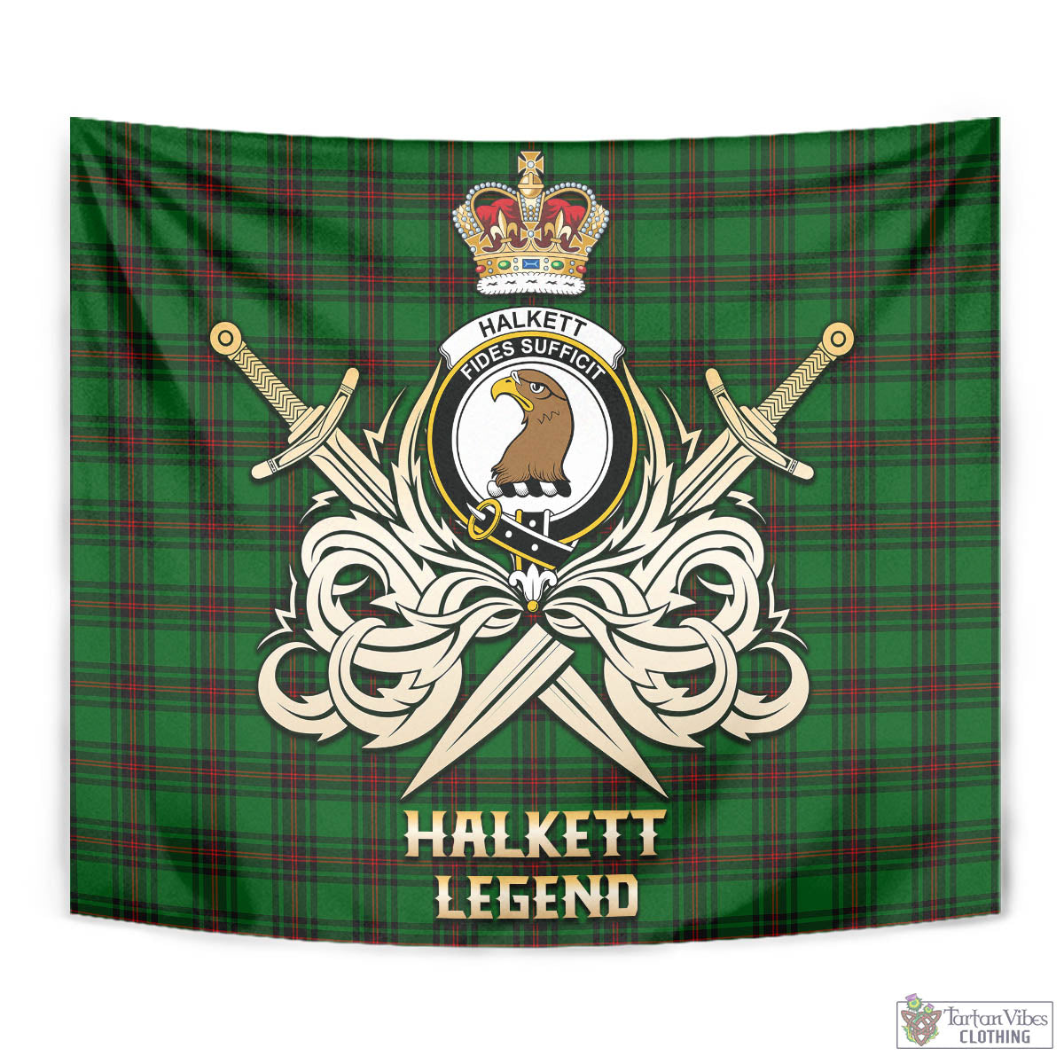 Tartan Vibes Clothing Halkett Tartan Tapestry with Clan Crest and the Golden Sword of Courageous Legacy