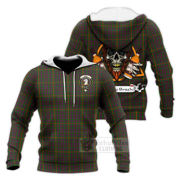 Hall Tartan Knitted Hoodie with Family Crest and Bearded Skull Holding Bottles of Whiskey