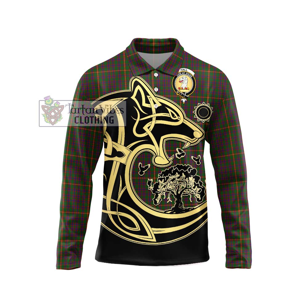 Hall Tartan Long Sleeve Polo Shirt with Family Crest Celtic Wolf Style Unisex - Tartanvibesclothing Shop