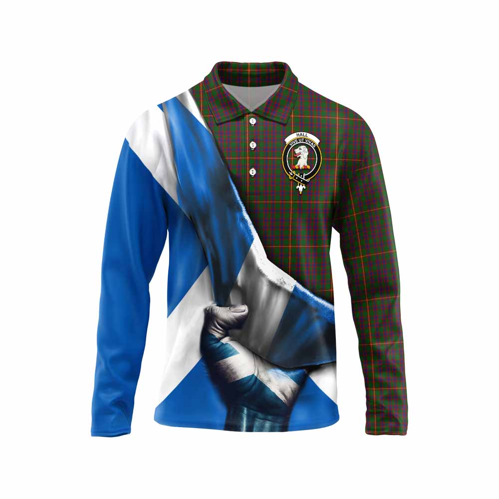 Tartan Vibes Clothing Hall Tartan Long Sleeve Polo Shirt with Family Crest Scotland Patriotic Style