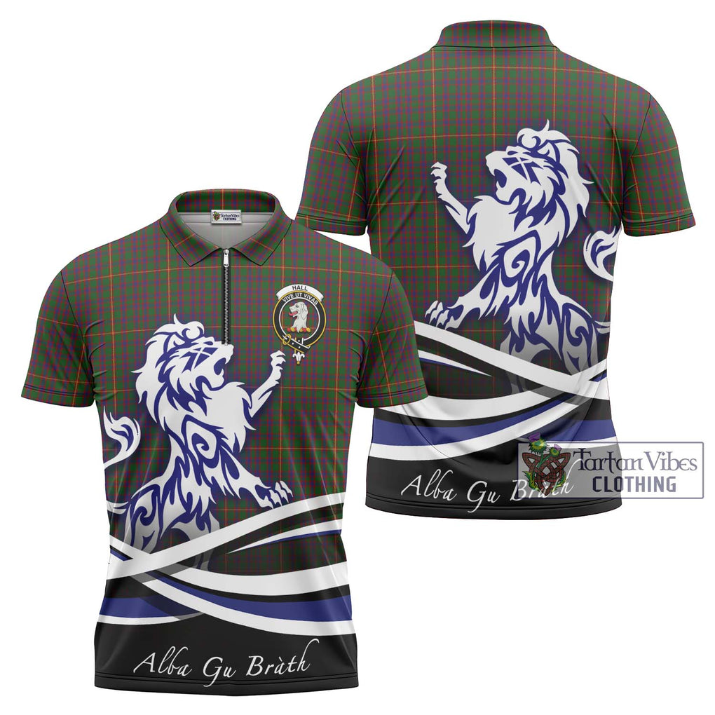 Hall Tartan Zipper Polo Shirt with Alba Gu Brath Regal Lion Emblem Unisex - Tartanvibesclothing Shop