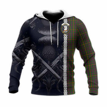 Hall Tartan Knitted Hoodie with Family Crest Cross Sword Thistle Celtic Vibes