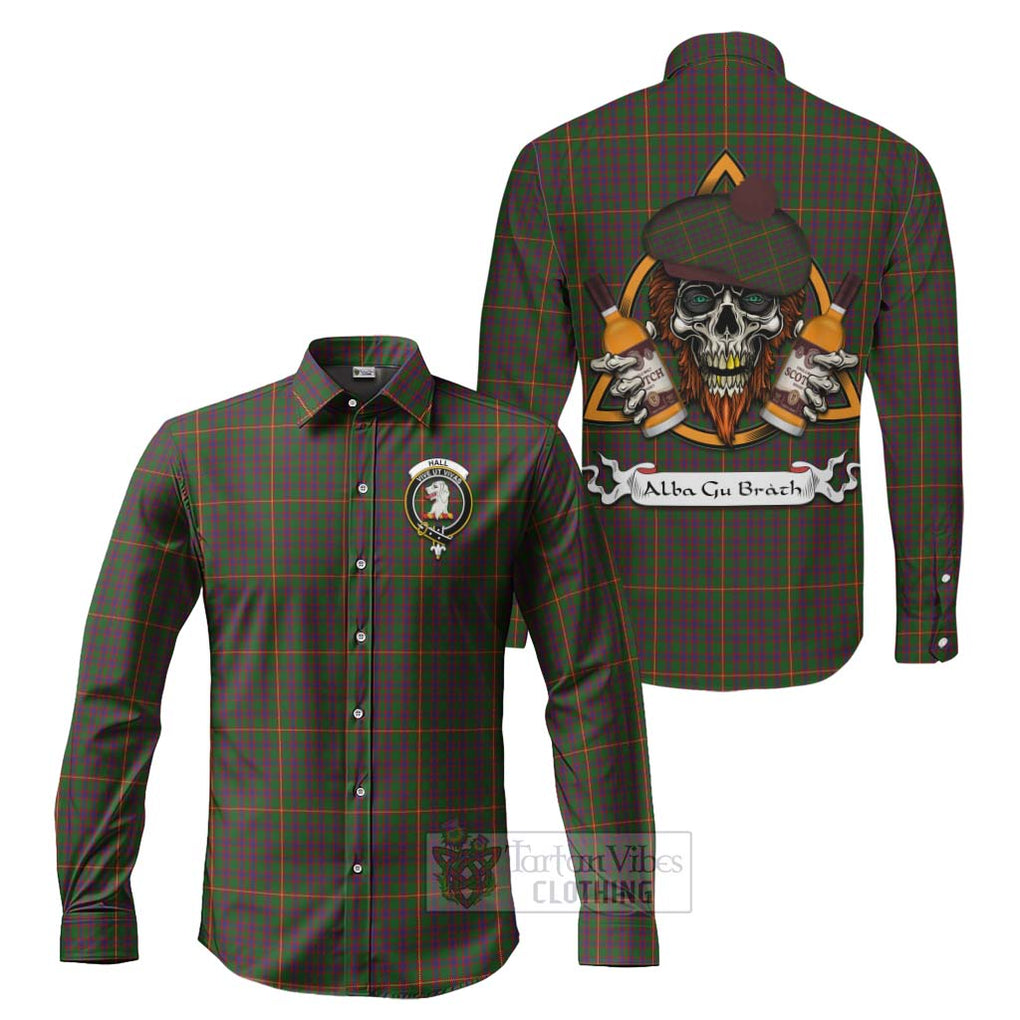 Tartan Vibes Clothing Hall Tartan Long Sleeve Button Shirt with Family Crest and Bearded Skull Holding Bottles of Whiskey