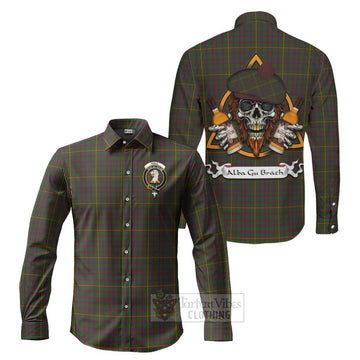 Hall Tartan Long Sleeve Button Shirt with Family Crest and Bearded Skull Holding Bottles of Whiskey