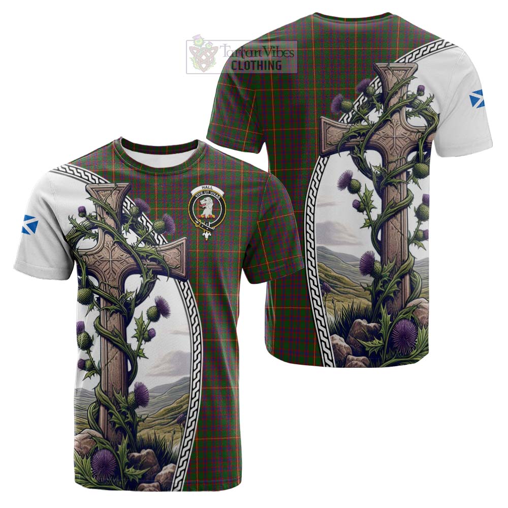 Tartan Vibes Clothing Hall Tartan Cotton T-shirt with Family Crest and St. Andrew's Cross Accented by Thistle Vines