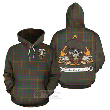 Hall Tartan Hoodie with Family Crest and Bearded Skull Holding Bottles of Whiskey