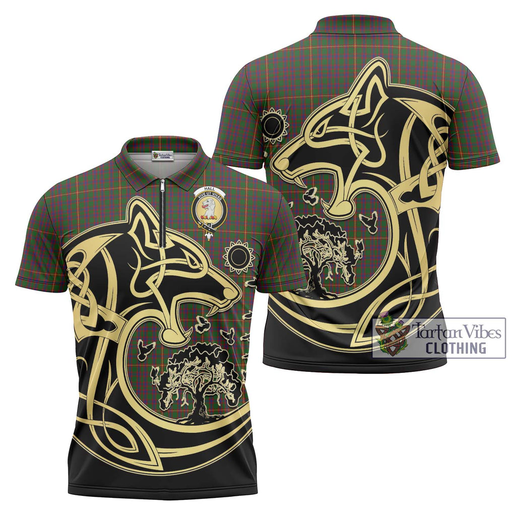 Hall Tartan Zipper Polo Shirt with Family Crest Celtic Wolf Style Unisex - Tartanvibesclothing Shop