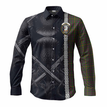 Hall Tartan Long Sleeve Button Shirt with Family Crest Cross Sword Thistle Celtic Vibes