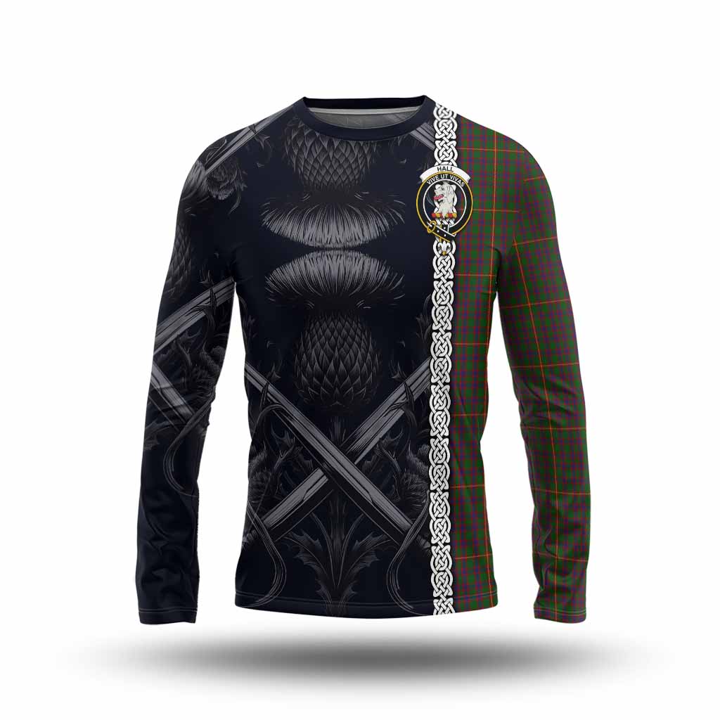 Tartan Vibes Clothing Hall Tartan Long Sleeve T-Shirt with Family Crest Cross Sword Thistle Celtic Vibes