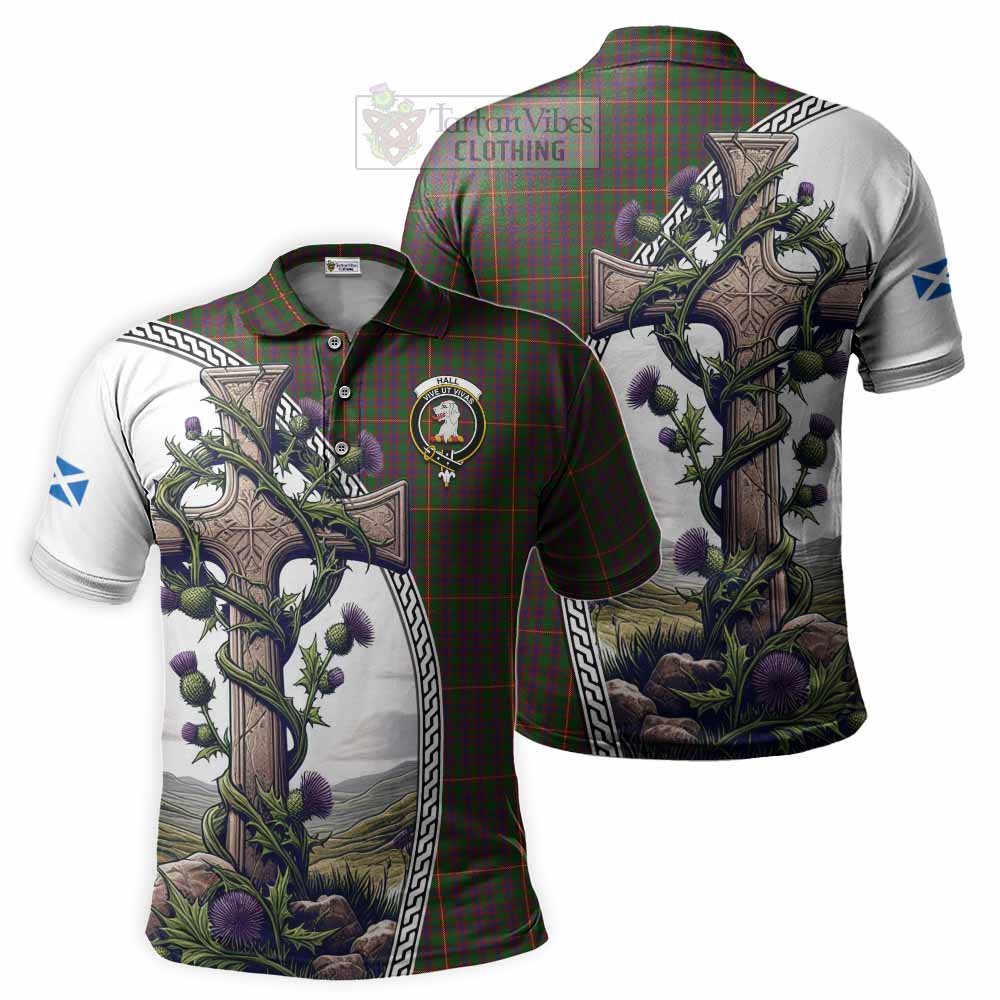 Tartan Vibes Clothing Hall Tartan Polo Shirt with Family Crest and St. Andrew's Cross Accented by Thistle Vines