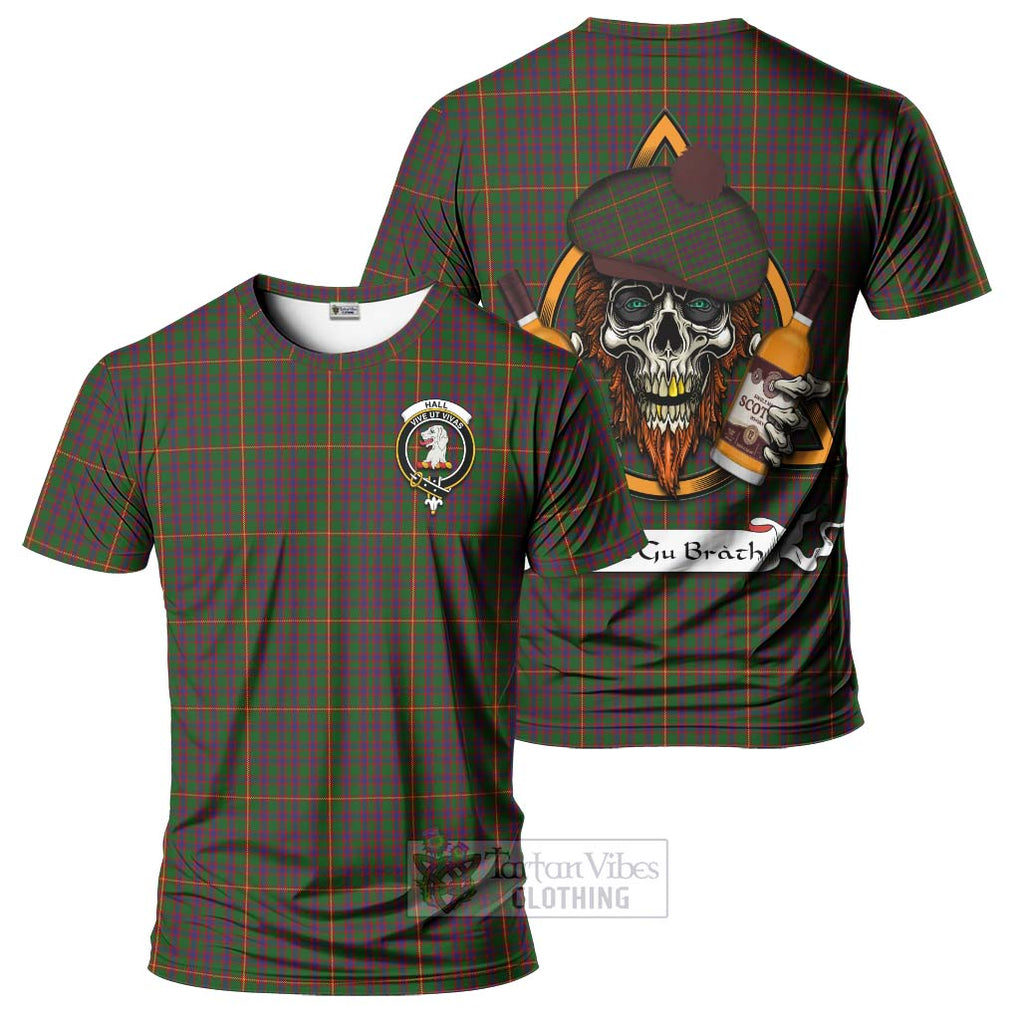 Tartan Vibes Clothing Hall Tartan T-Shirt with Family Crest and Bearded Skull Holding Bottles of Whiskey