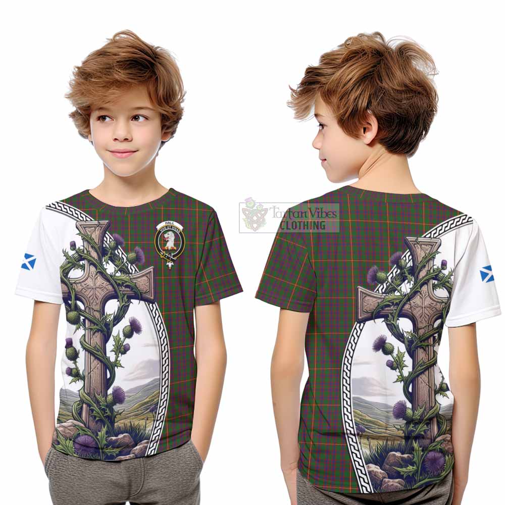 Tartan Vibes Clothing Hall Tartan Kid T-Shirt with Family Crest and St. Andrew's Cross Accented by Thistle Vines