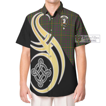 Hall Tartan Short Sleeve Button Shirt with Family Crest and Celtic Symbol Style