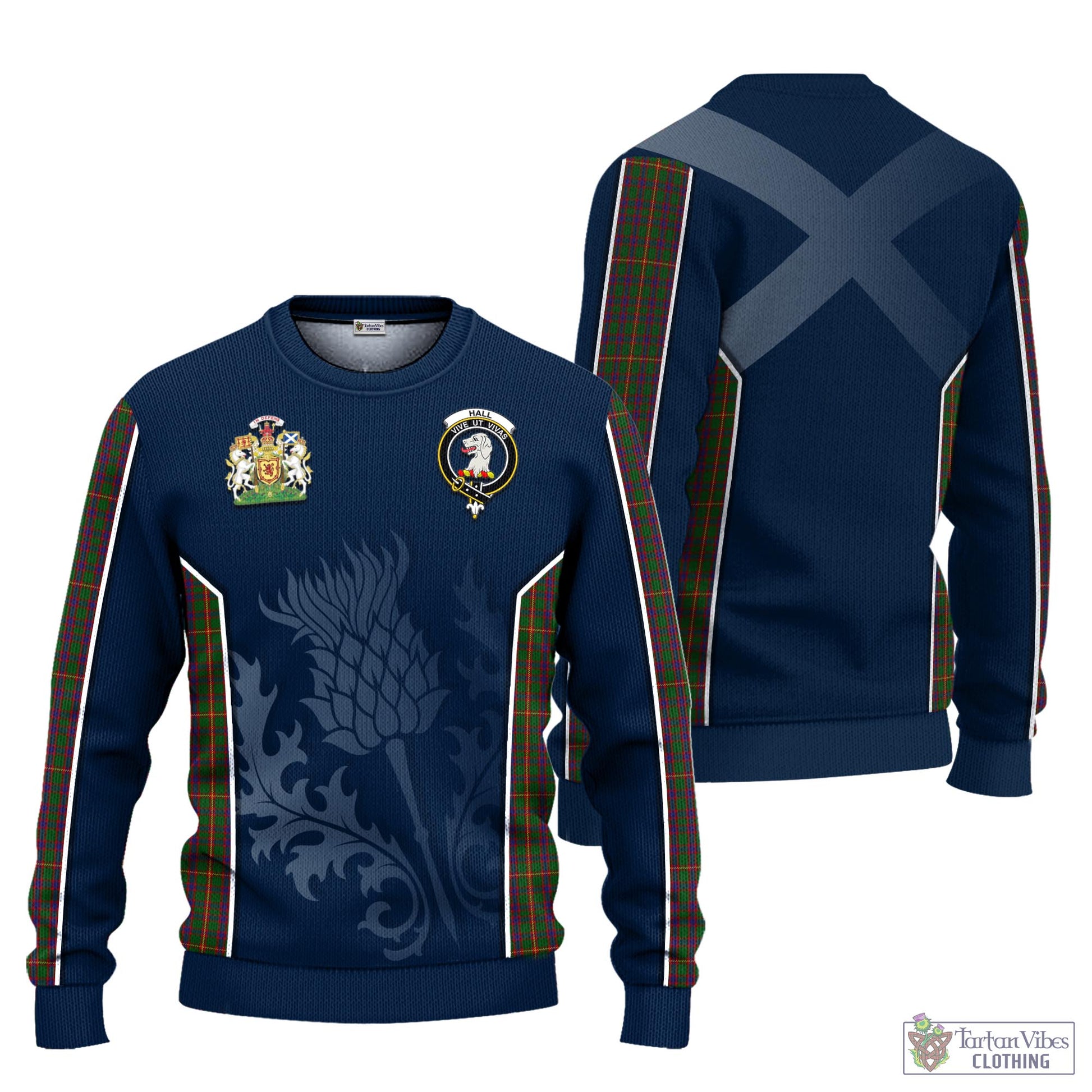 Tartan Vibes Clothing Hall Tartan Knitted Sweatshirt with Family Crest and Scottish Thistle Vibes Sport Style