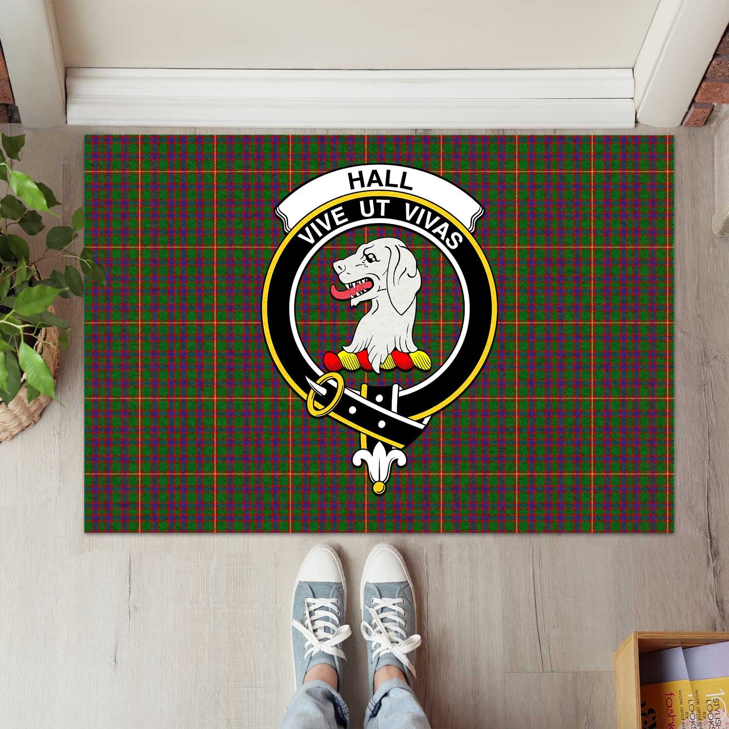 Hall Tartan Door Mat with Family Crest - Tartanvibesclothing