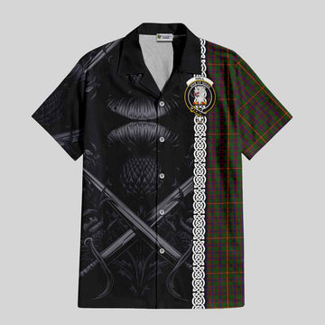 Hall Tartan Short Sleeve Button Shirt with Family Crest Cross Sword Thistle Celtic Vibes