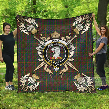 Hall Tartan Quilt with Family Crest and Scottish Golden Courage Shield