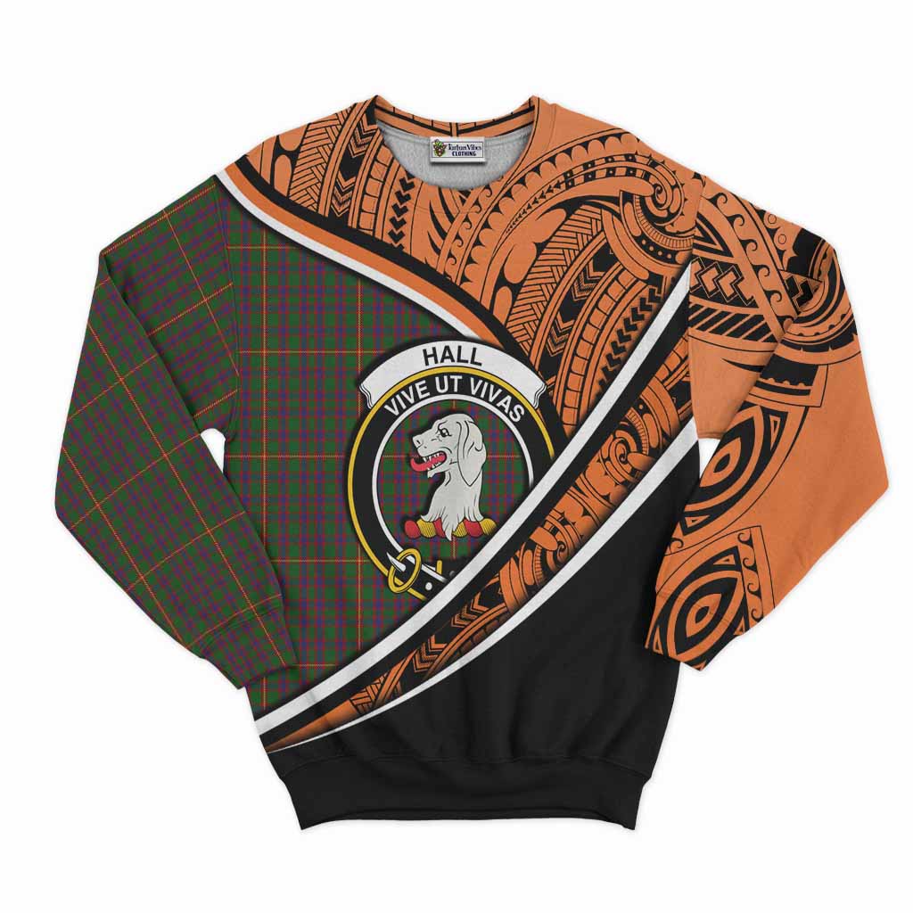 Tartan Vibes Clothing Hall Crest Tartan Sweatshirt with Maori Tattoo Style - Orange Version